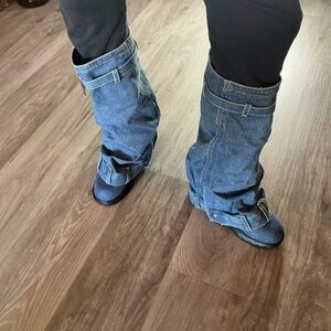 Denim Leg Warmers boots with Buckle Detail.